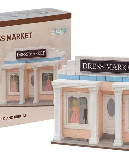 Mini bricks constructor set of a dress market with packaging on a white background
