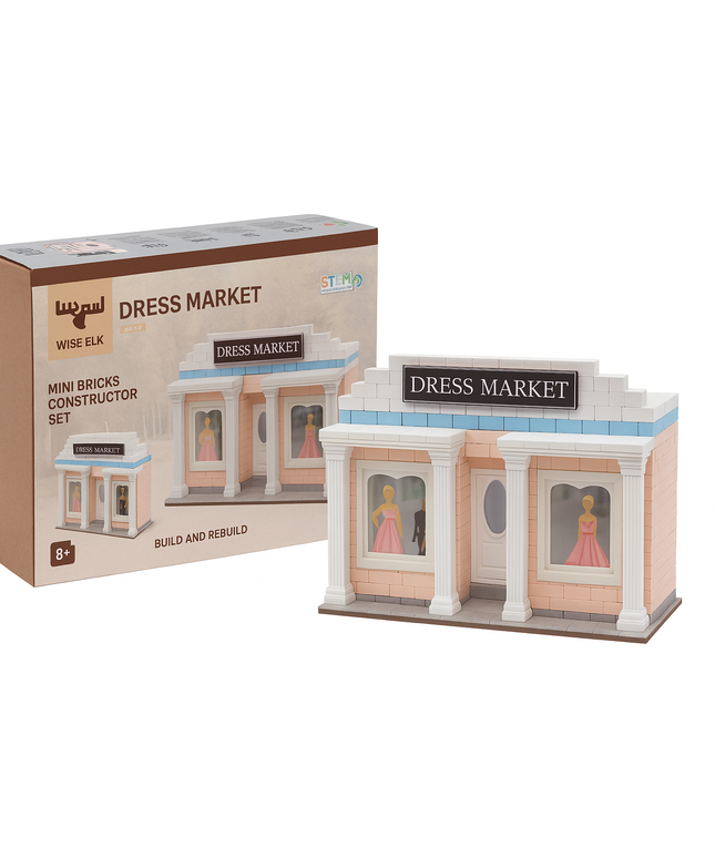 Mini bricks constructor set of a dress market with packaging on a white background