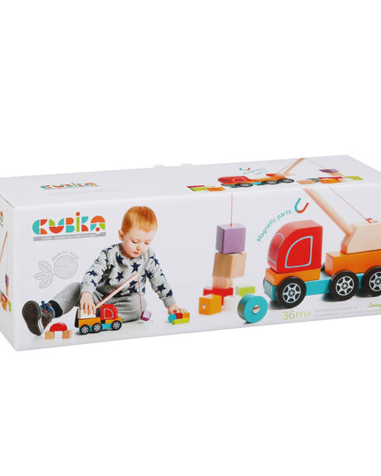 Cubika toy packaging with a child playing with colorful wooden blocks and vehicles.