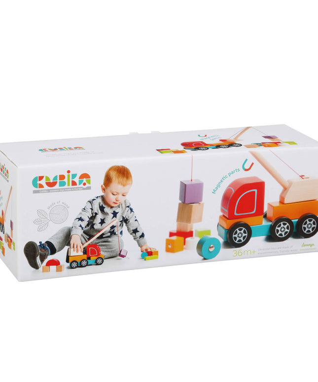 Cubika toy packaging with a child playing with colorful wooden blocks and vehicles.