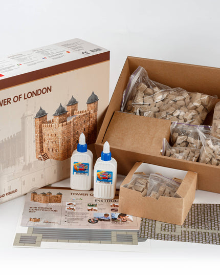 Tower of London mini bricks constructor set with packaging and components on a white background