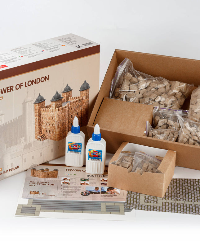 Tower of London mini bricks constructor set with packaging and components on a white background