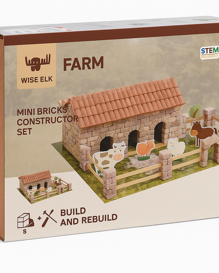 Box of Wise Elk Farm Mini Bricks Constructor Set with farm scene illustration.