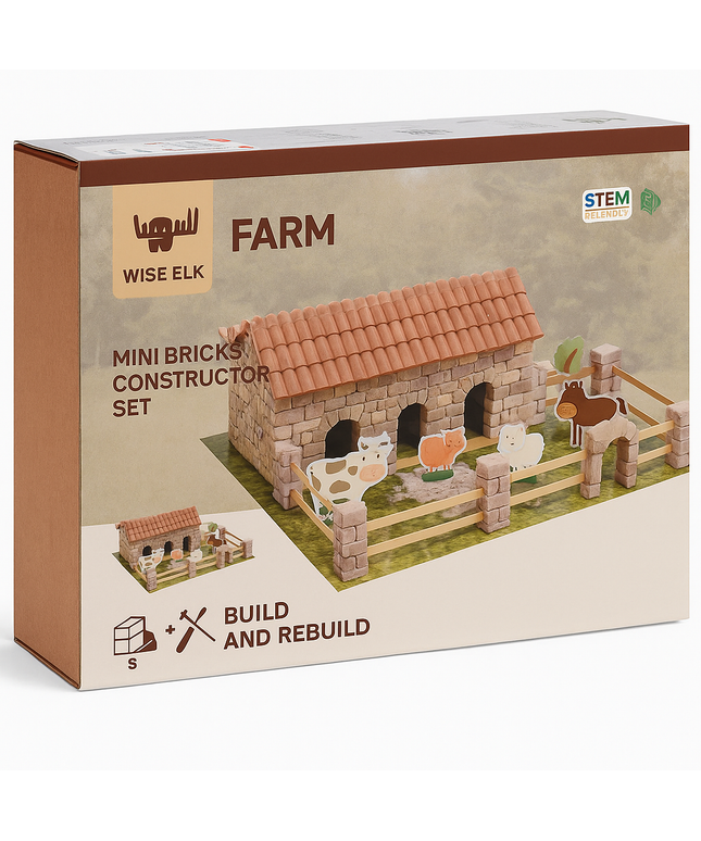 Box of Wise Elk Farm Mini Bricks Constructor Set with farm scene illustration.