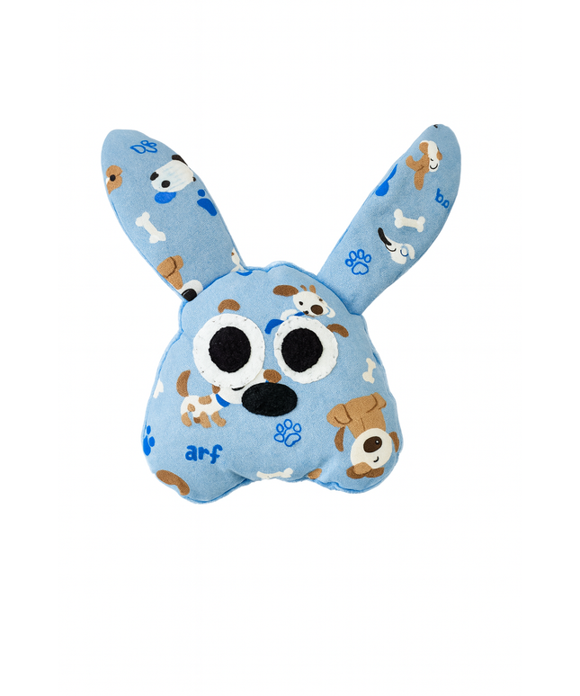 Blue plush toy with dog pattern on a white background