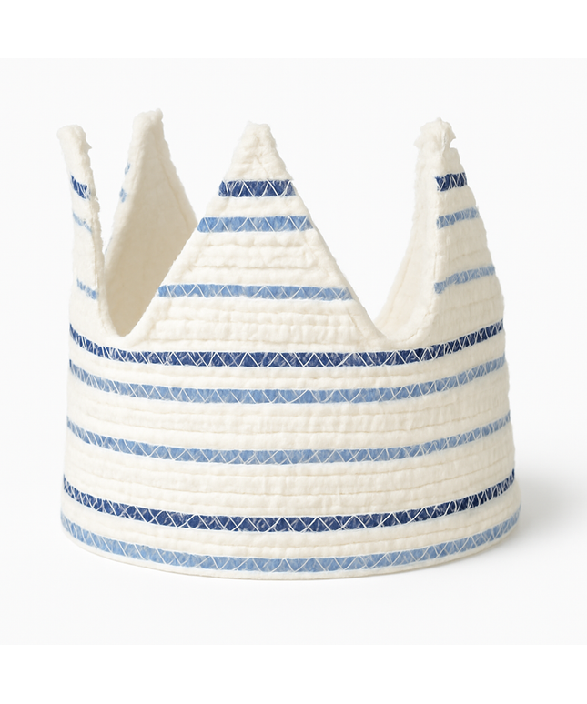 woven crown in blue and white stripes