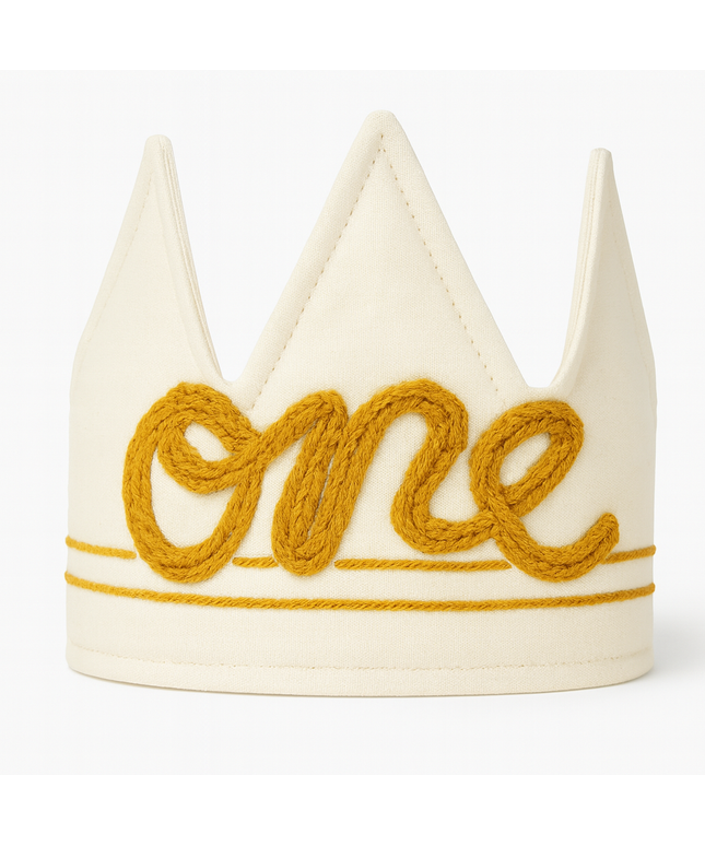 White crown with yellow 'one' on a white background