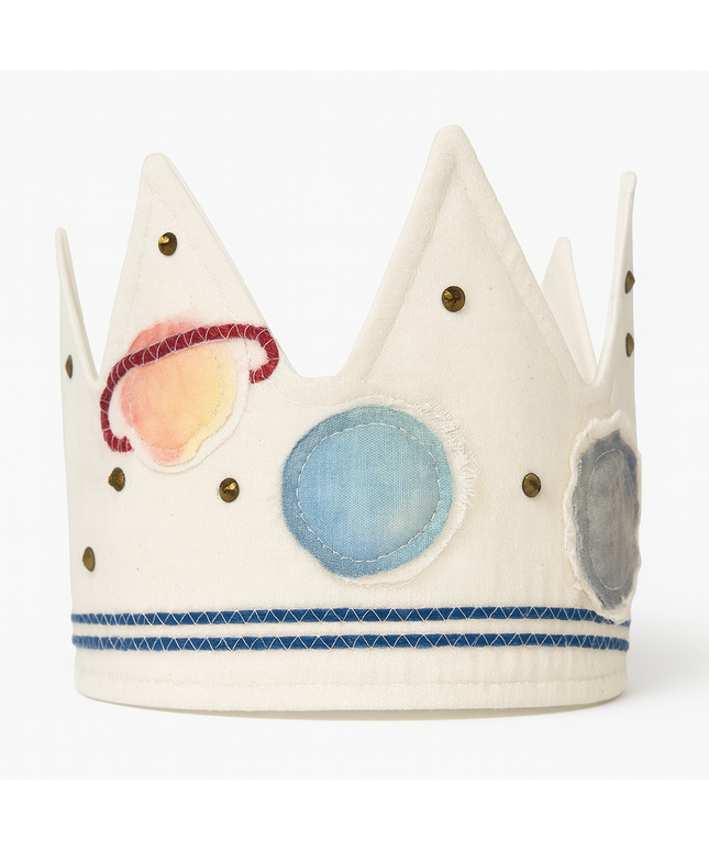 Children's toy crown with colorful planets on a white background