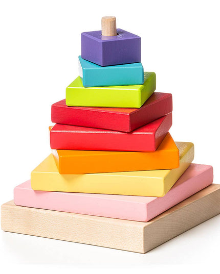 Stack of colorful wooden blocks on a white background
