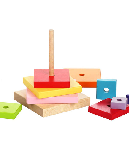 Colorful wooden stacking toy with various geometric shapes on a white background