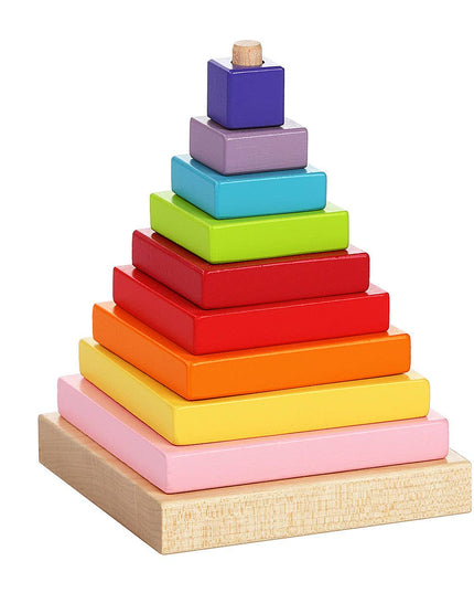 Colorful wooden stacking blocks pyramid on a white background