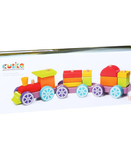 Colorful toy train set to build with wooden blocks.