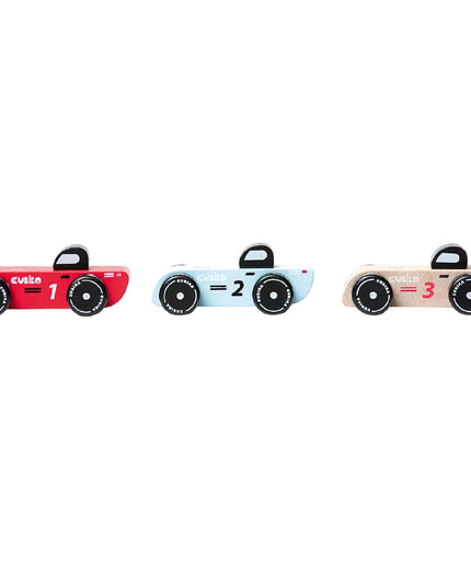 Three toy race cars in red, blue, and beige on a white background