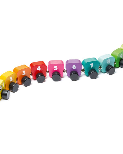 Colorful wooden toy caterpillar with numbered body segments.