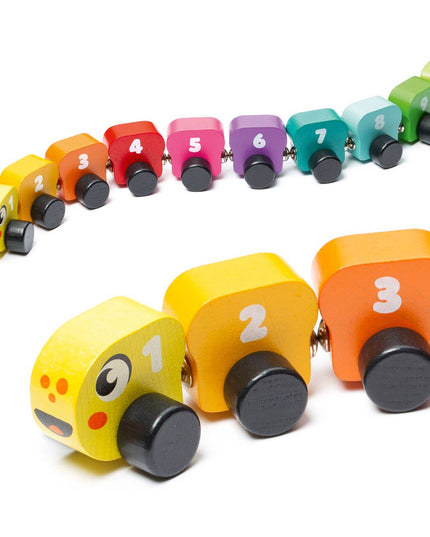 Colorful wooden toy caterpillar with numbered body segments.