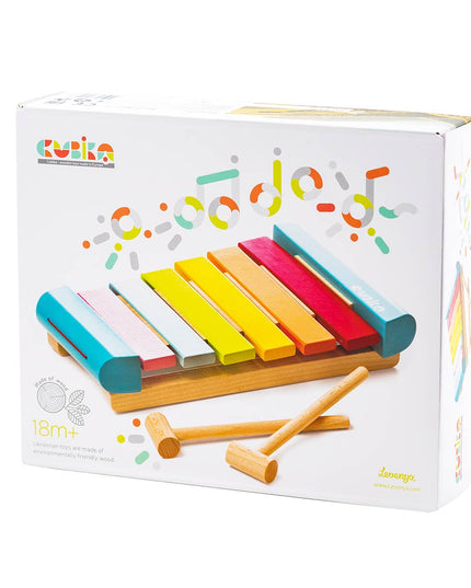 Colorful toy xylophone with wooden mallets on a branded box.
