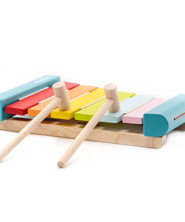 Colorful wooden xylophone with two mallets on a white background
