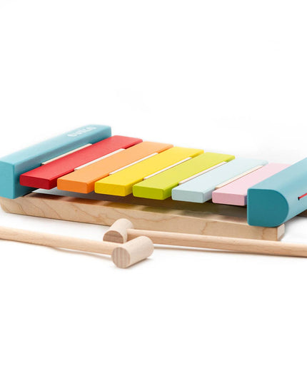 Colorful wooden xylophone with two mallets on a white background