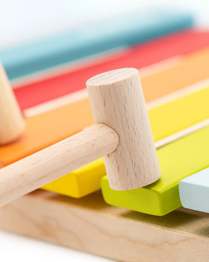Close up of a colorful wooden toy xylophone with a mallet.
