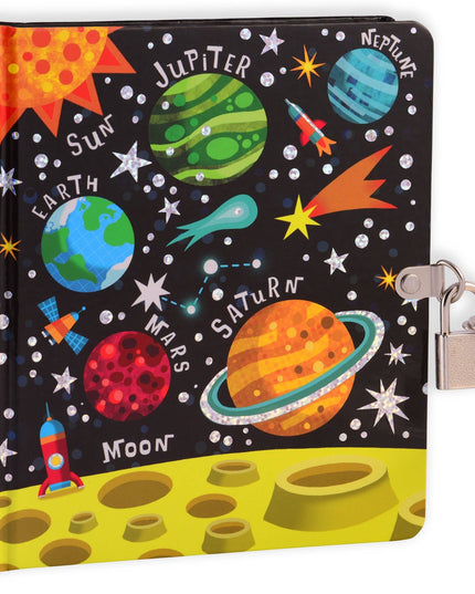 Space-themed diary with colorful illustrations of planets and celestial bodies, featuring a lock and keys on a white background.
