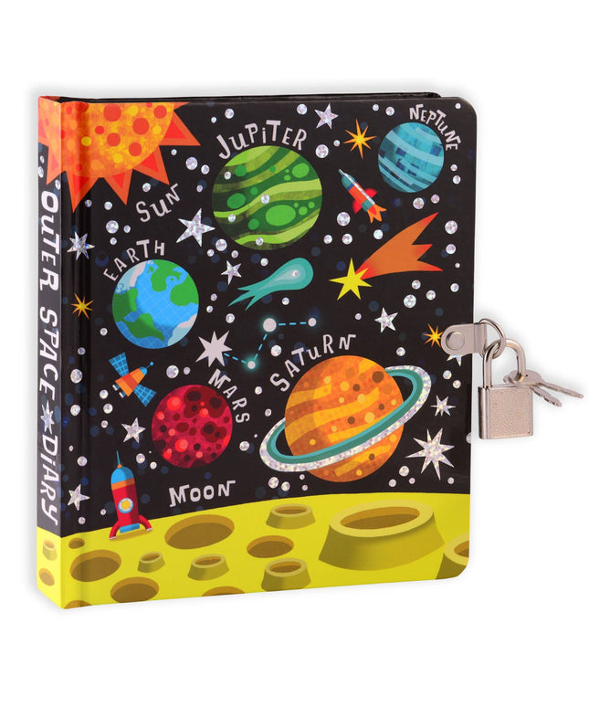Space-themed diary with colorful illustrations of planets and celestial bodies, featuring a lock and keys on a white background.