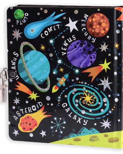 Space-themed diary with illustrations of planets and stars on a black background