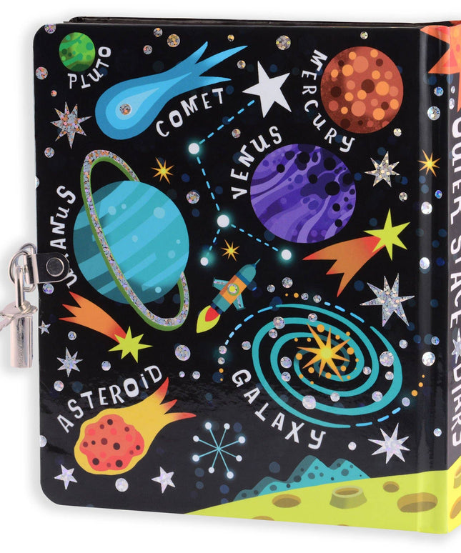 Space-themed diary with illustrations of planets and stars on a black background