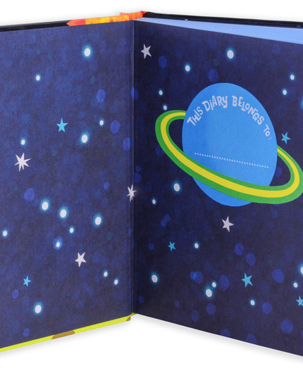 Open notebook with space-themed design featuring a planet and stars on a blue background.