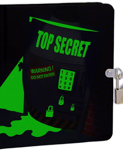 Black notebook with green 'Top Secret' text and lock on a white background