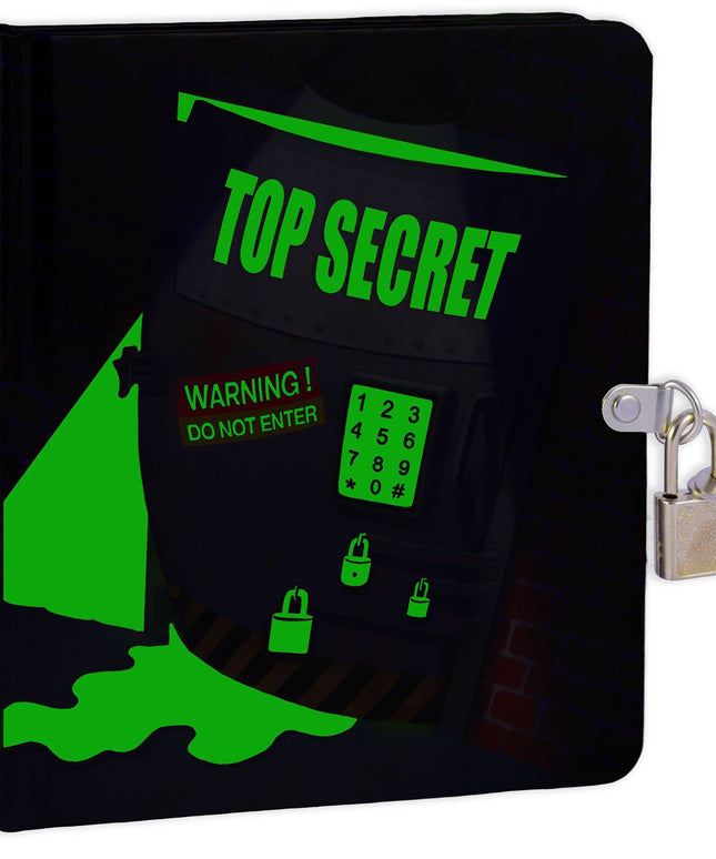 Black notebook with green 'Top Secret' text and lock on a white background