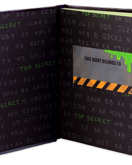 Open black notebook with 'Top Secret' text and green accents
