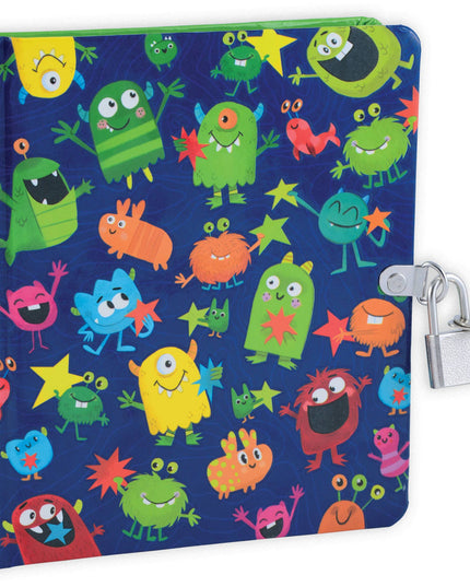 Colorful diary with cartoon monsters and a lock on a white background