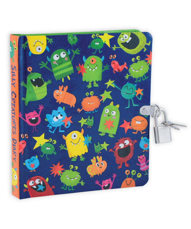 Colorful diary with cartoon monsters and a lock on a white background