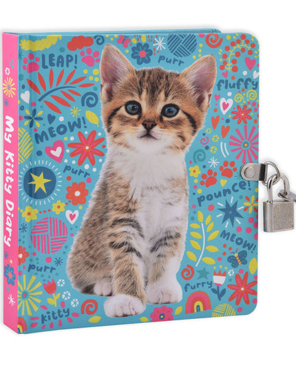 Diary with a kitten illustration on a colorful floral background