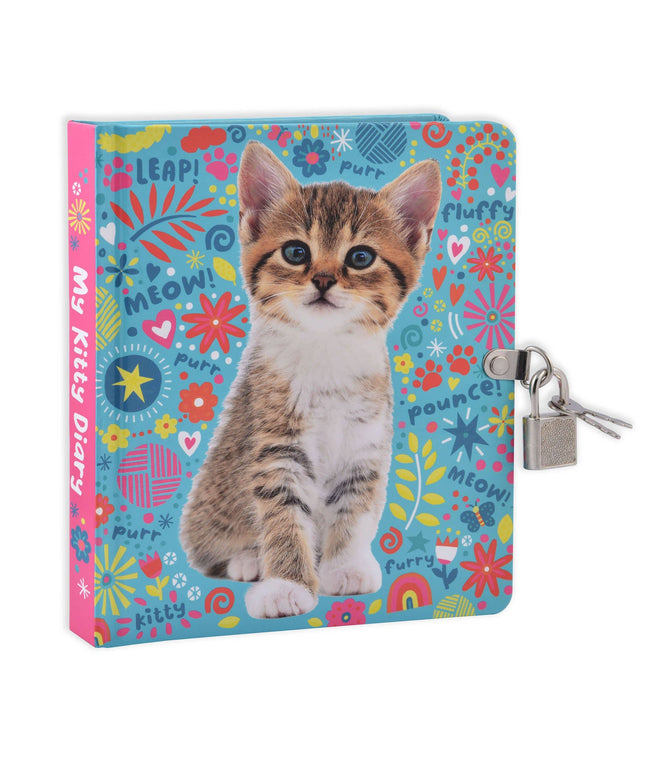 Diary with a kitten illustration on a colorful floral background