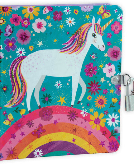 Colorful diary with unicorn design and lock on a white background