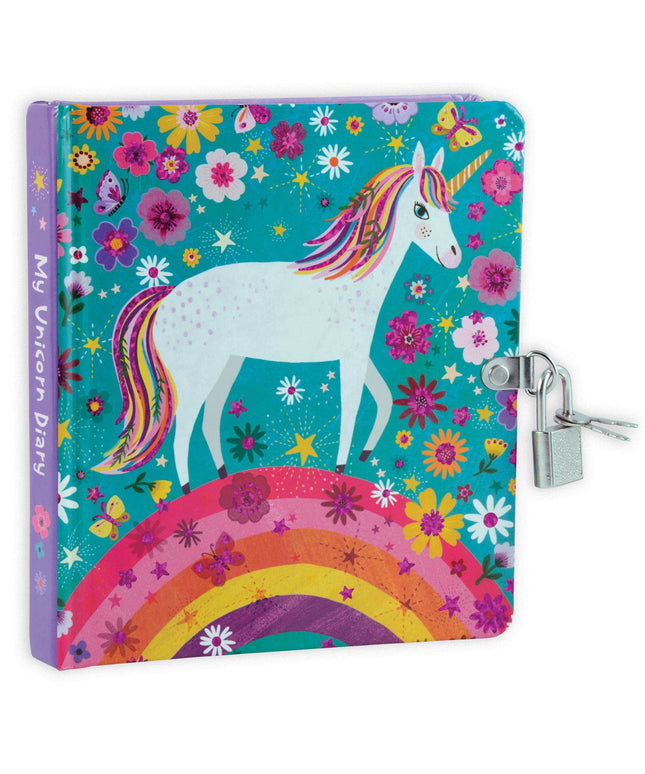 Colorful diary with unicorn design and lock on a white background
