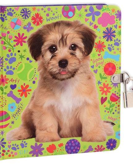 Colorful lockable diary with a puppy design on a floral and paw print background