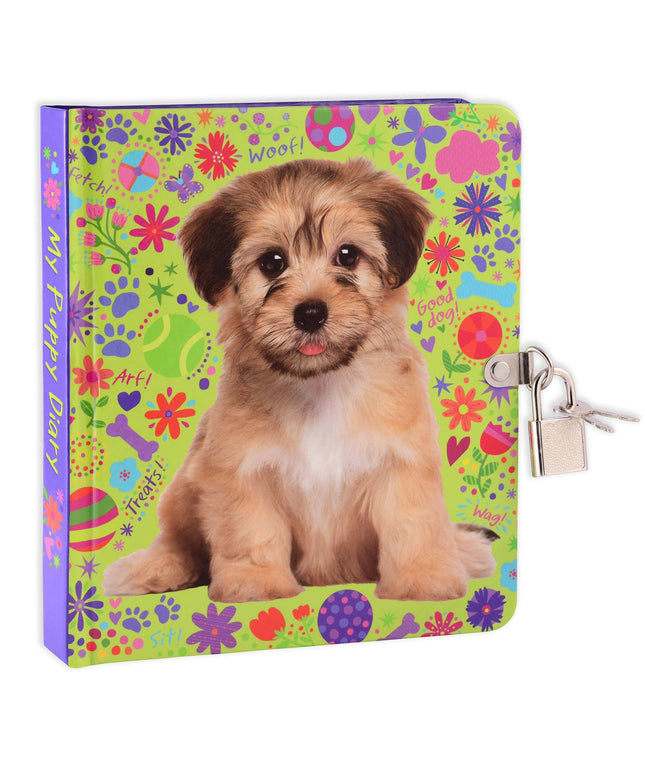 Colorful lockable diary with a puppy design on a floral and paw print background