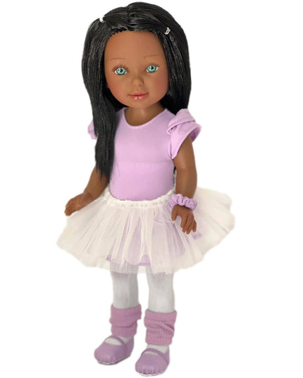Doll wearing a purple top and white tutu on a white background