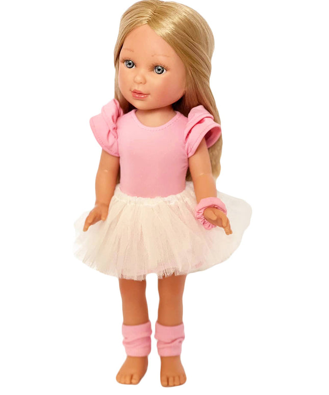 Doll wearing a pink top and white tutu on a white background
