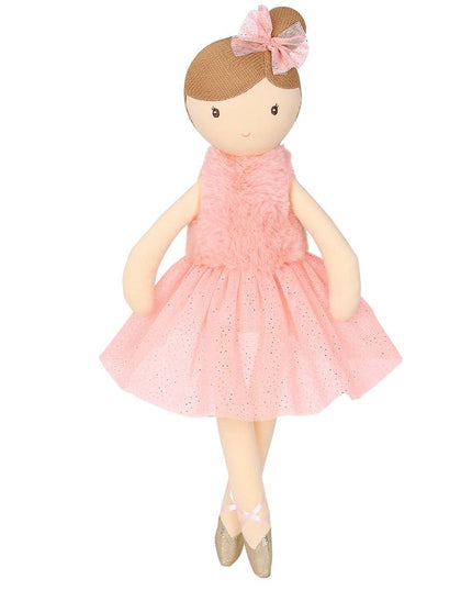 Doll in a pink dress with a bow on a white background