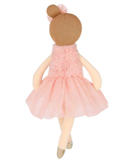 Toy doll with a pink dress and brown hair bun on a white background