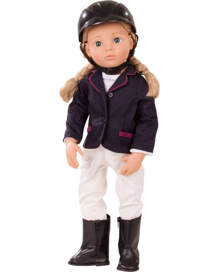 Doll in equestrian outfit with helmet on a white background