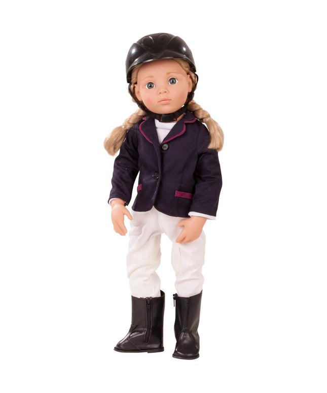 Doll in equestrian outfit with helmet on a white background
