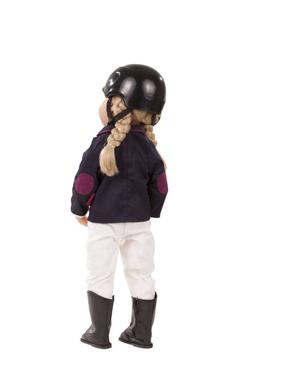 Person wearing equestrian attire with a helmet on a white background