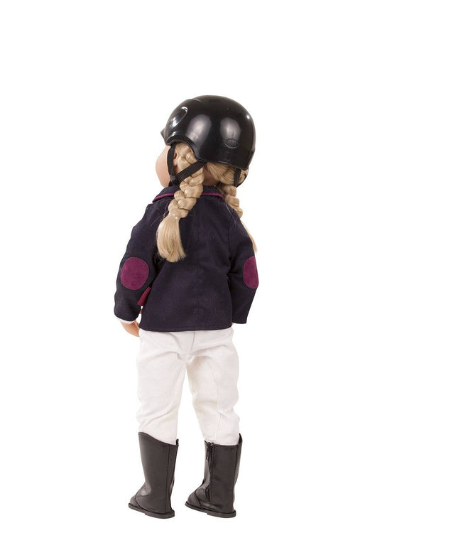 Person wearing equestrian attire with a helmet on a white background
