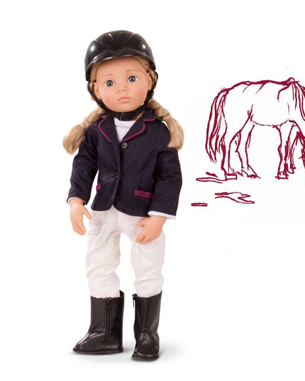 Doll in equestrian outfit with a horse outline on a white background