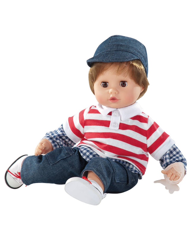 Toy doll wearing a red and white striped shirt with a blue cap and pants on a white background