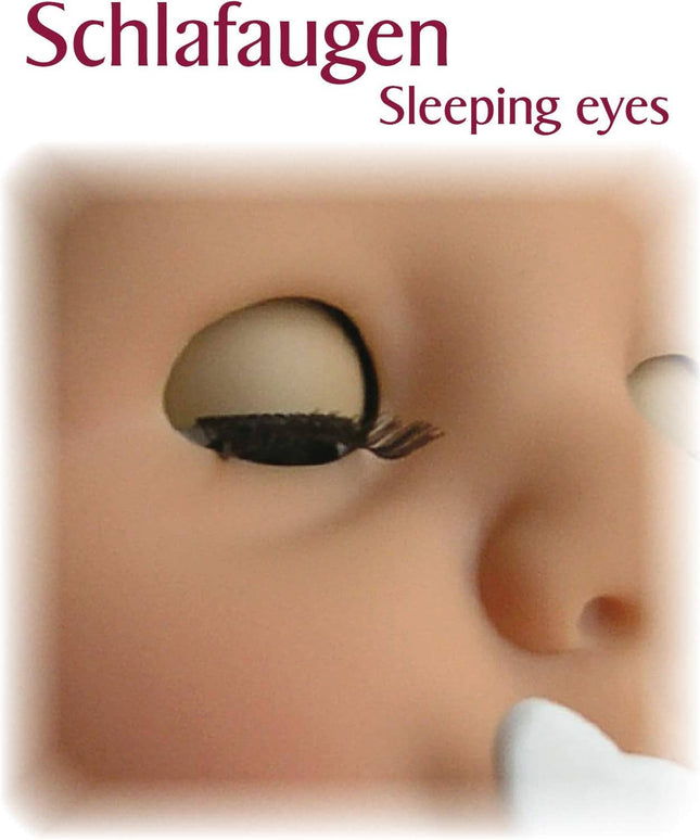Close-up of a sleeping eye with text 'Schlafaugen Sleeping eyes' on a blurred background